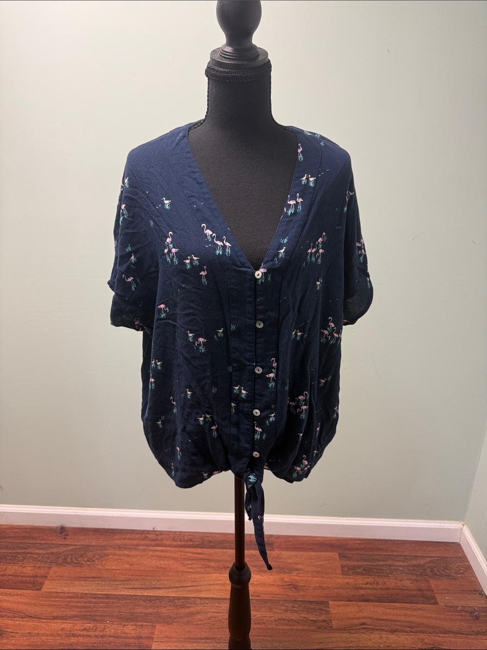 LC Lauren Conrad Navy Button-Front Tie-Hem Top with Flamingo Print